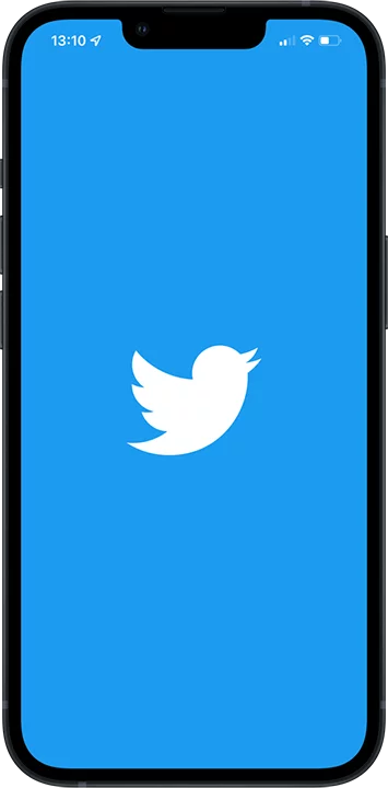 iPhoneにTwitterのロゴと青い背景が表示されている。