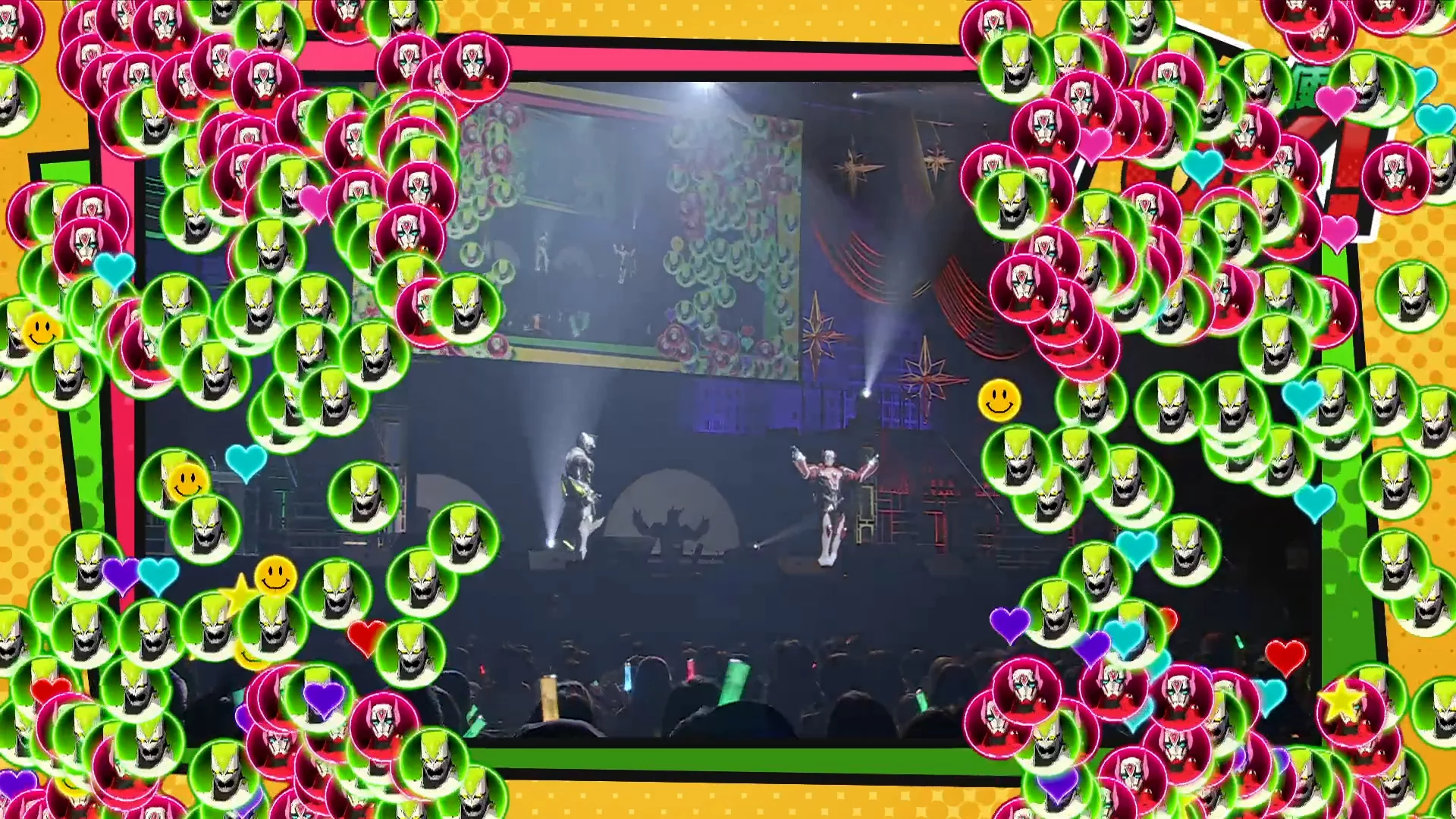 Tiger & Bunny2 PreciousEVEのライブ会場の大型スクリーンに、下から上へ泡のように流れるVisibbyのスタンプが映し出されている。