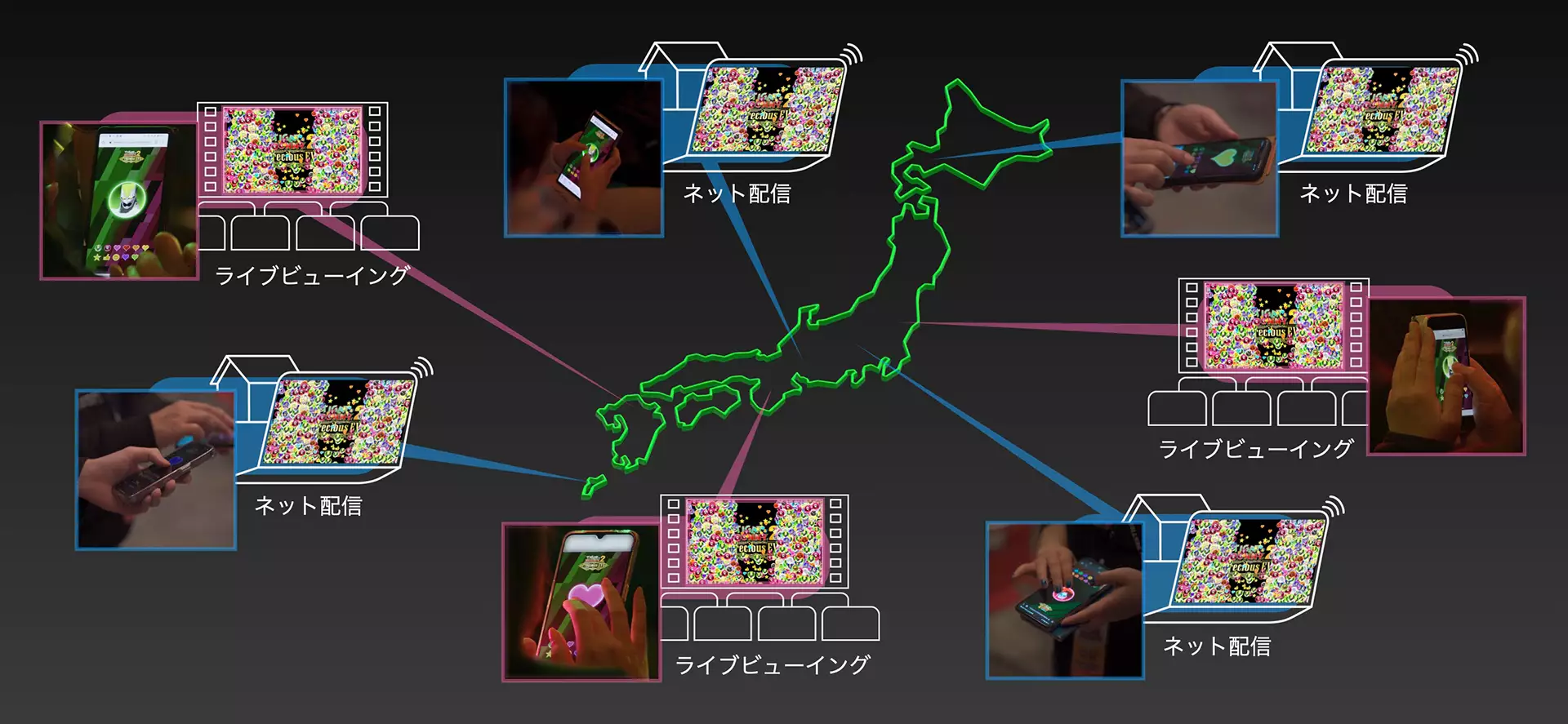 各地で自宅やライブビューイングで配信を見ながらVisibbyを使っている人の写真と日本地図